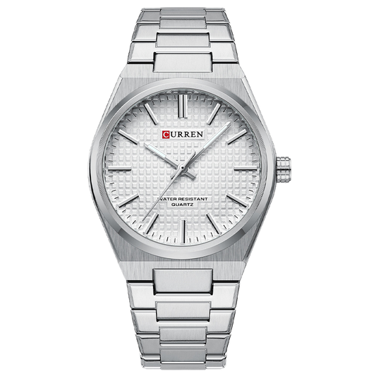 Silver-tone bracelet watch with textured white dial