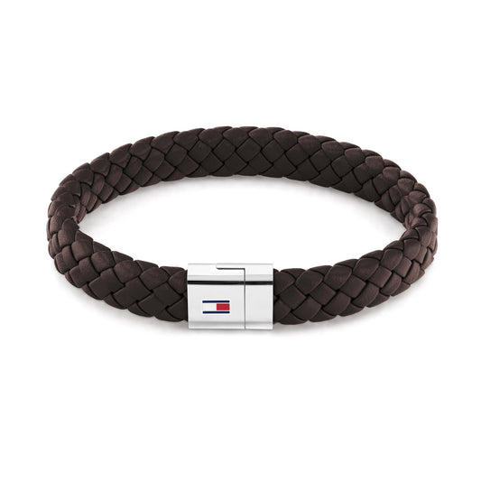 Brown braided leather bracelet with silver-tone clasp