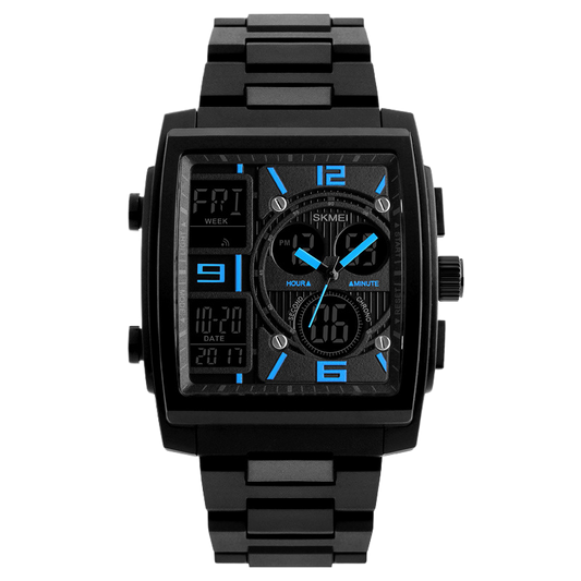Rectangular watch face with colored dial details and a dark metal-style bracelet