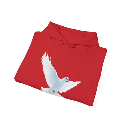 Red hoodie with white dove graphic, Christian faith-inspired apparel