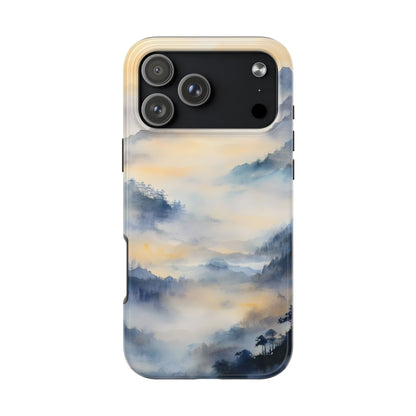 Phone case with tranquil misty mountain landscape in soft blue and yellow watercolor.