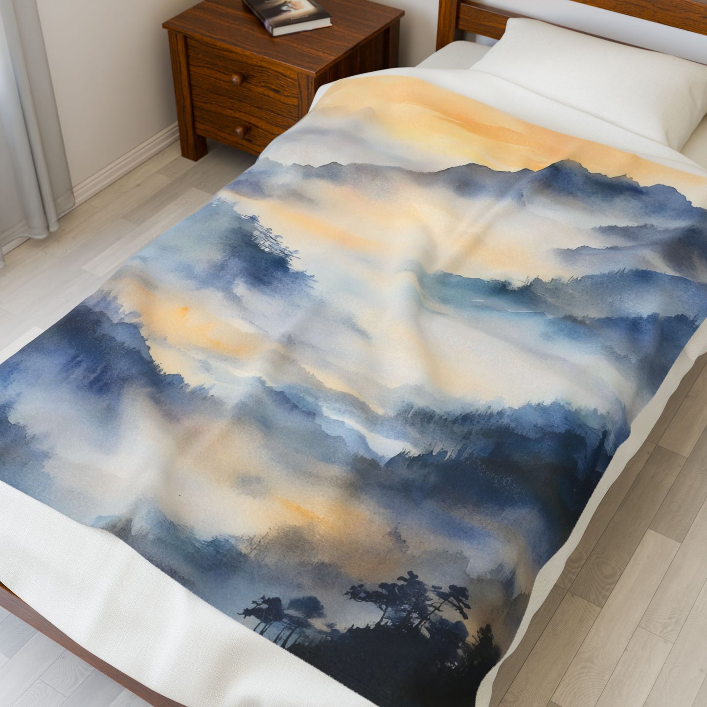 Misty Mountain Sunrise Velveteen Plush Blanket | Watercolor Landscape Throw