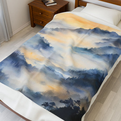 Misty Mountain Sunrise Velveteen Plush Blanket — folded blanket product view
