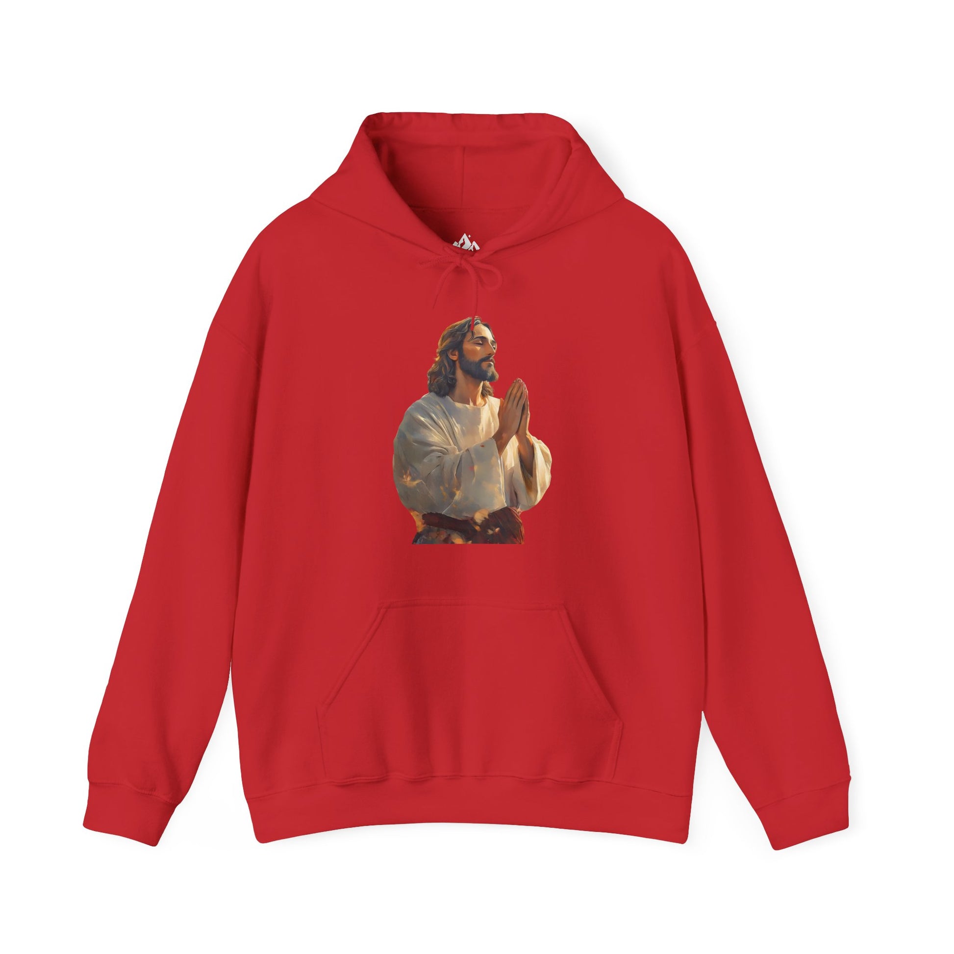 Red hoodie featuring praying Jesus graphic, Christian faith-inspired apparel on white background