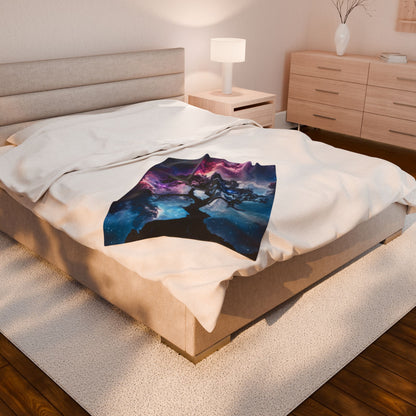 Cozy bedroom with a bed covered by a blanket featuring a mystical tree and galaxy design