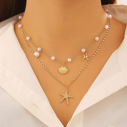 Shell & Imitation Pearl Layered Necklace – product view 1
