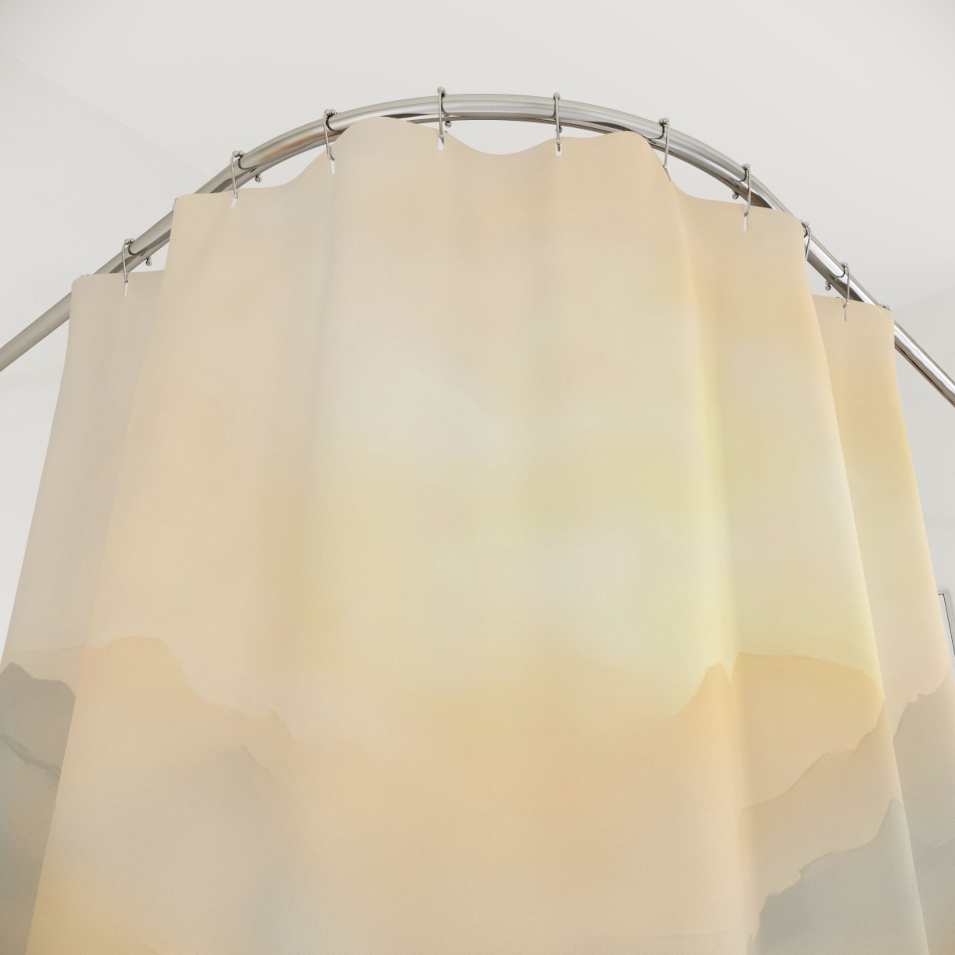 Minimalist beige shower curtain with soft mountain landscape design in natural bathroom setting