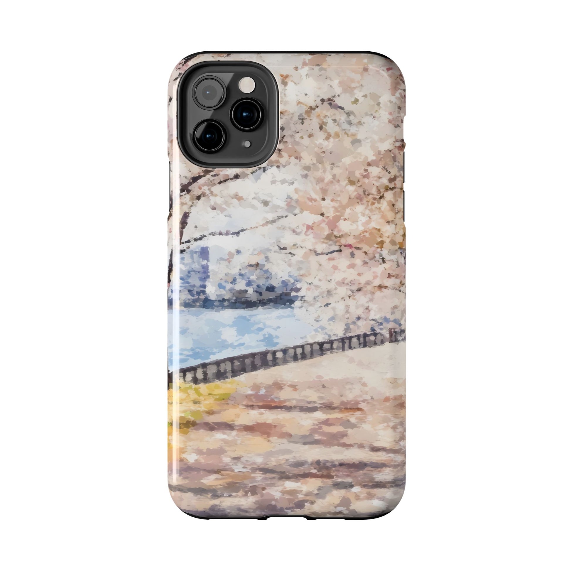 Phone case with pastel abstract cherry blossom tree art by a river, tranquil landscape design