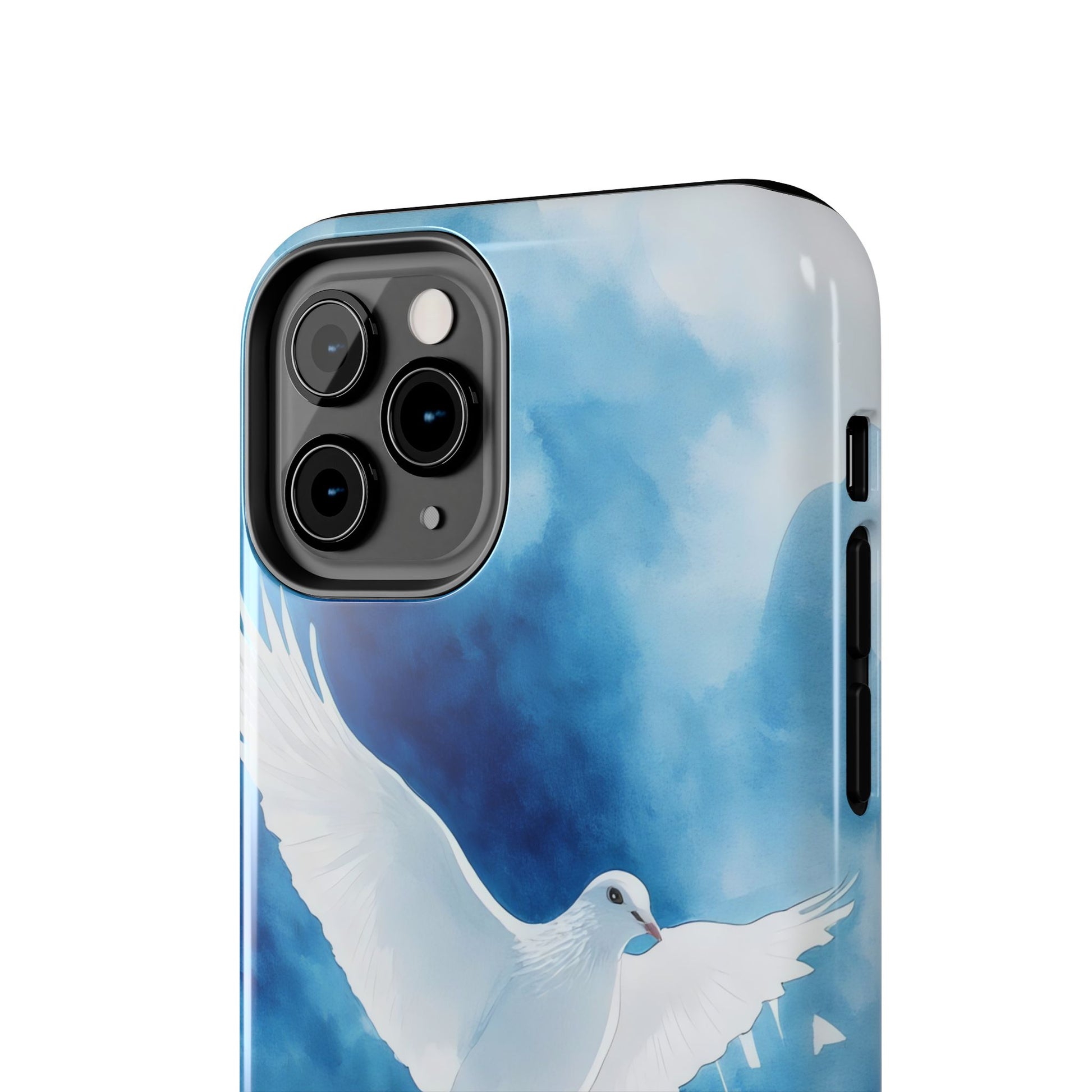 Phone case with white dove illustration on a blue watercolor background, Christian art design