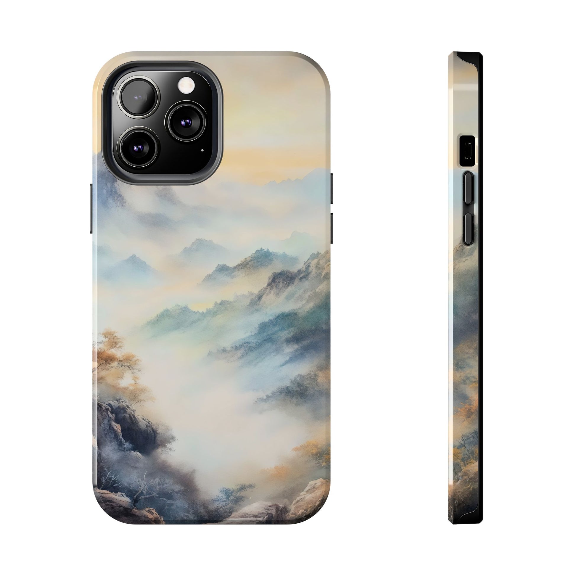 Phone case with serene misty mountain landscape in soft pastel colors, spiritual aesthetic