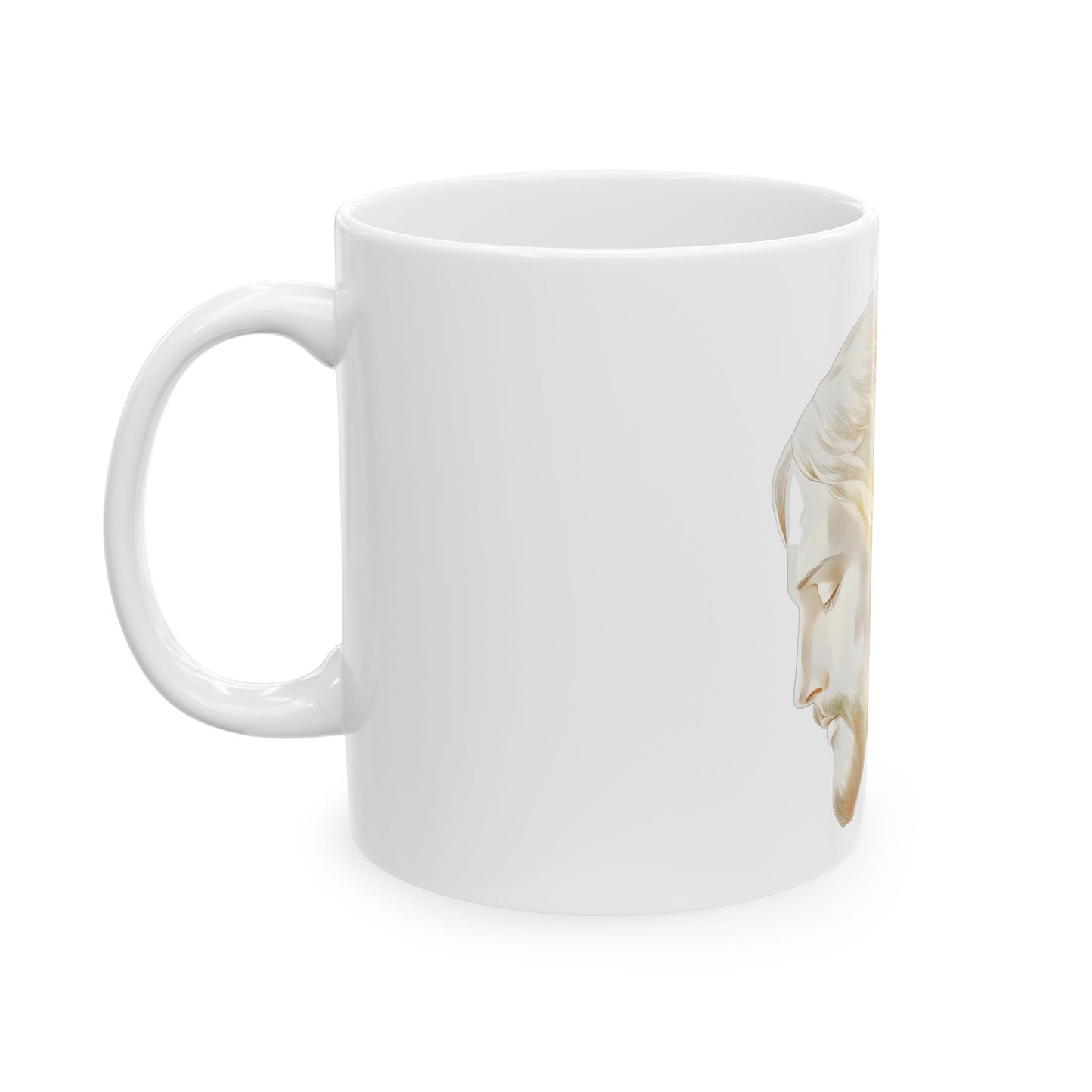 White ceramic mug with a soft illustration of Jesus' face in profile on a clean background