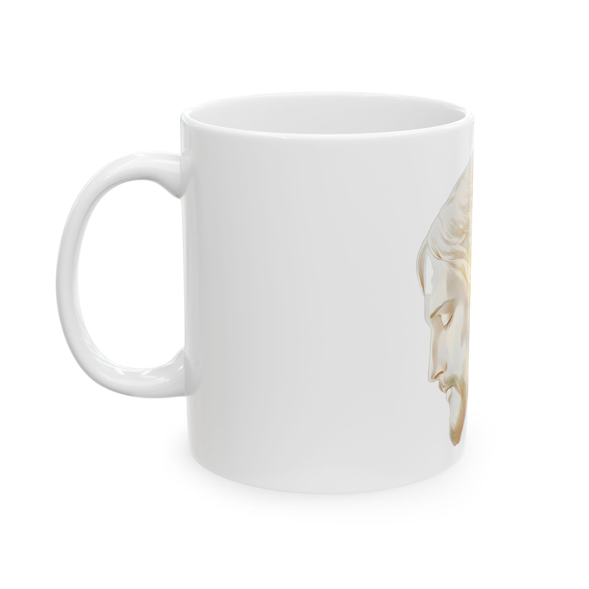 White ceramic mug with a soft illustration of Jesus' face in profile on a clean background