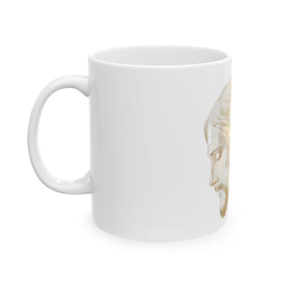White ceramic mug with a soft illustration of Jesus' face in profile on a clean background
