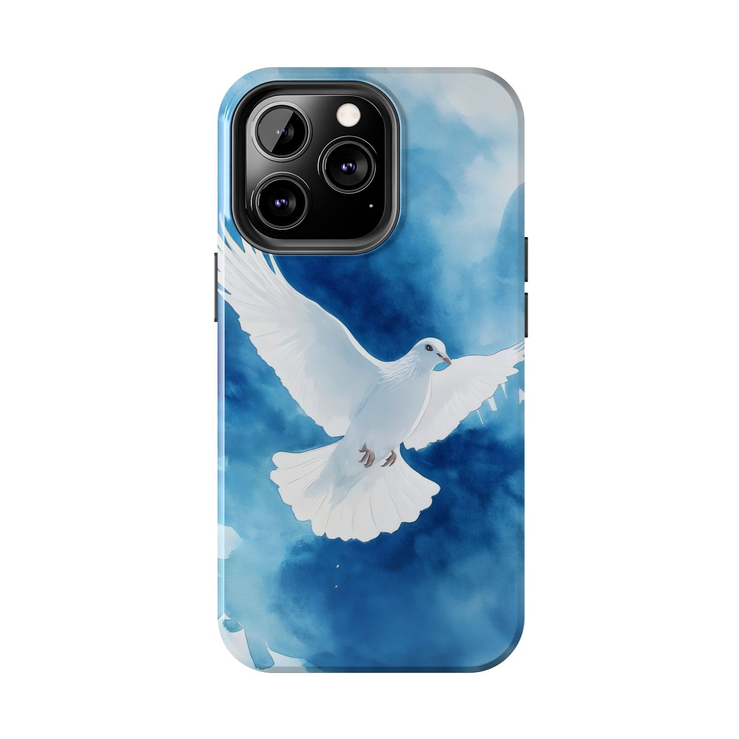 Christian phone case with white dove illustration on blue background, symbolizing peace