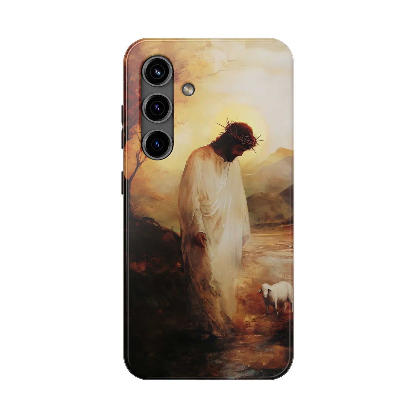 Christian phone case with Jesus in white robe and crown of thorns, standing beside a lamb.