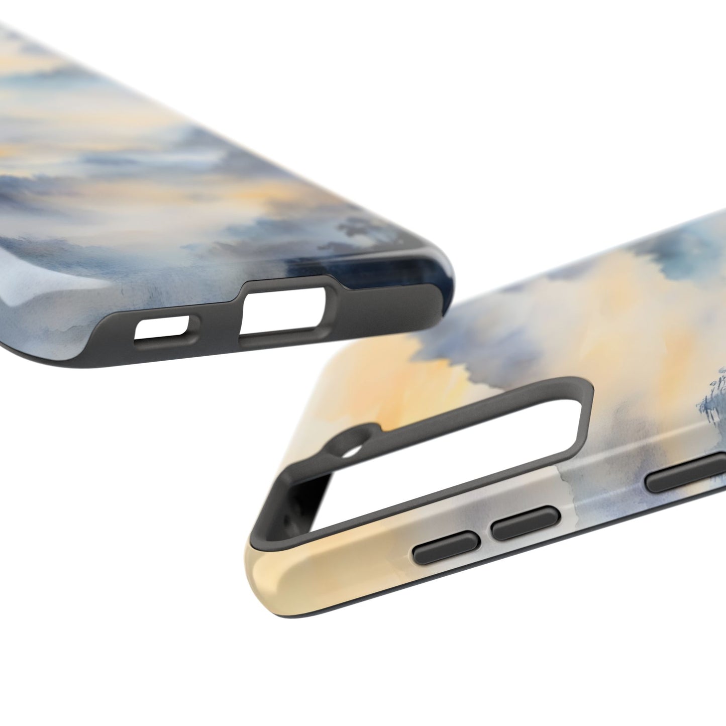Abstract pastel watercolor phone case with soft blue, yellow, and gray cloud design