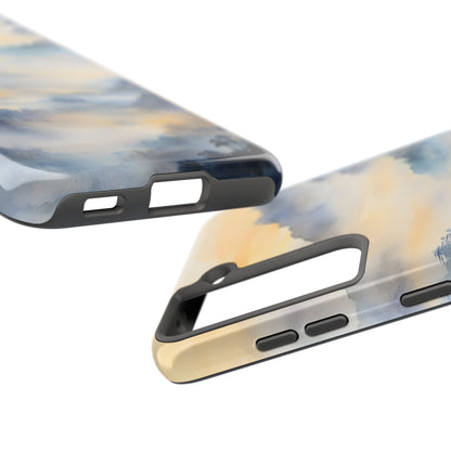Abstract pastel watercolor phone case with soft blue, yellow, and gray cloud design