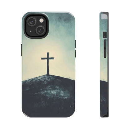 Christian phone case with a cross on a hill, faith-inspired minimalist design