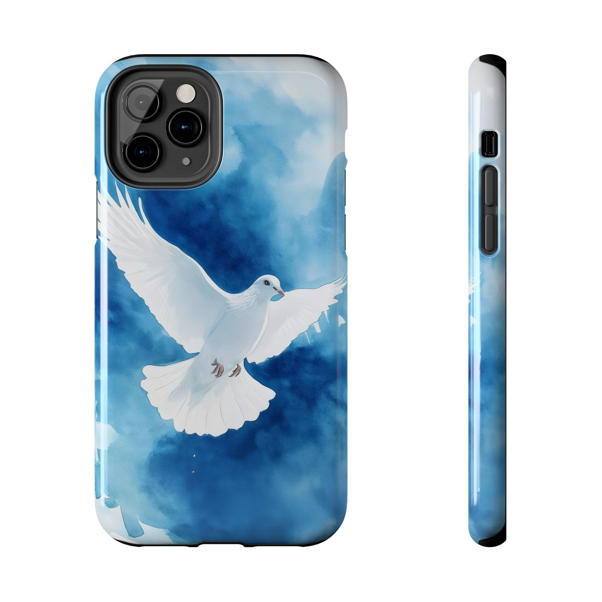 Christian phone case with white dove and blue watercolor sky, faith-inspired accessory