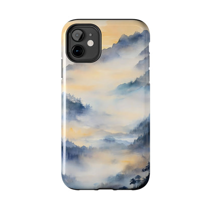 iPhone case with watercolor misty mountain landscape in blue and gold tones