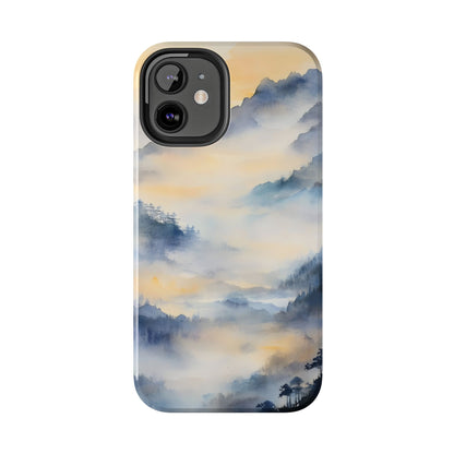 Phone case with serene watercolor mountain landscape and misty sunrise