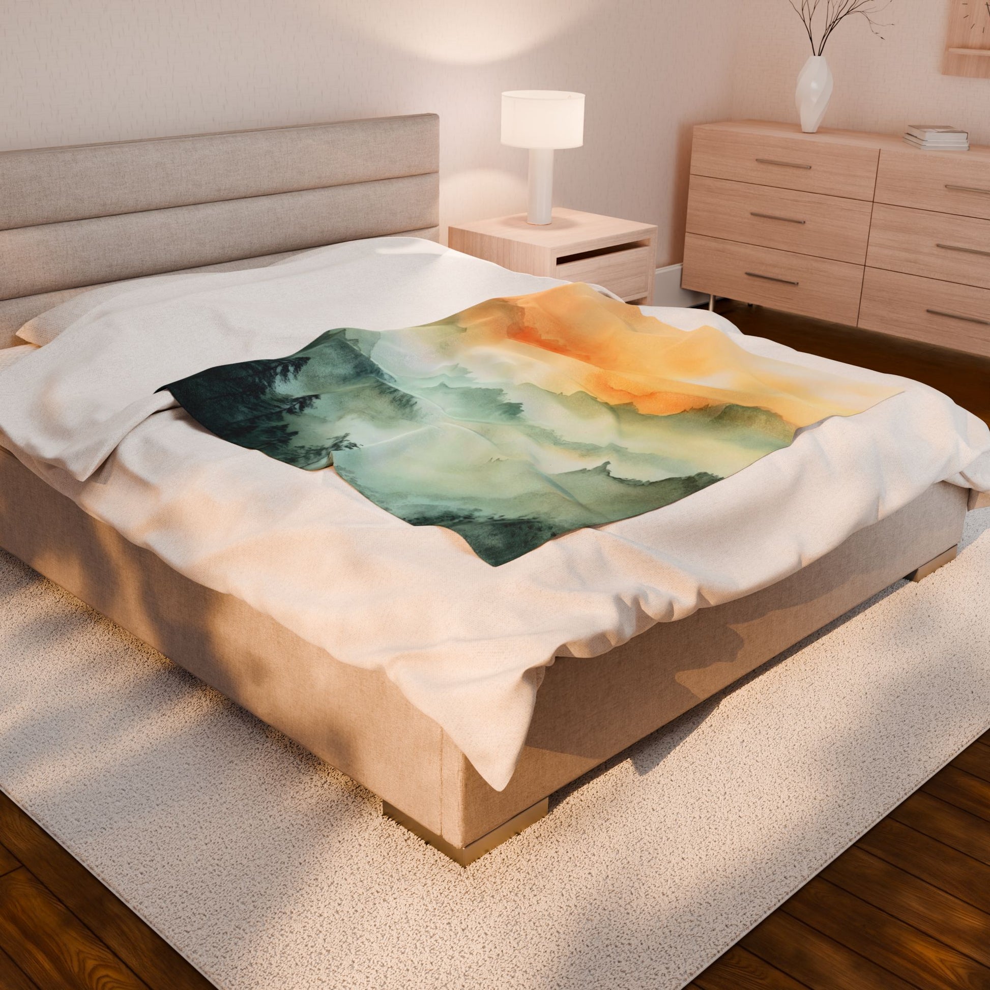 Cozy modern bedroom with beige bed and abstract mountain art blanket, serene home decor