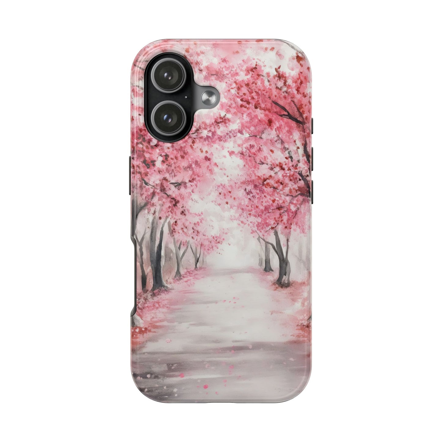 Phone case with pink cherry blossom trees and peaceful nature path design