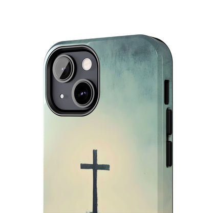 Christian cross minimalist design on phone case with soft blue and cream background