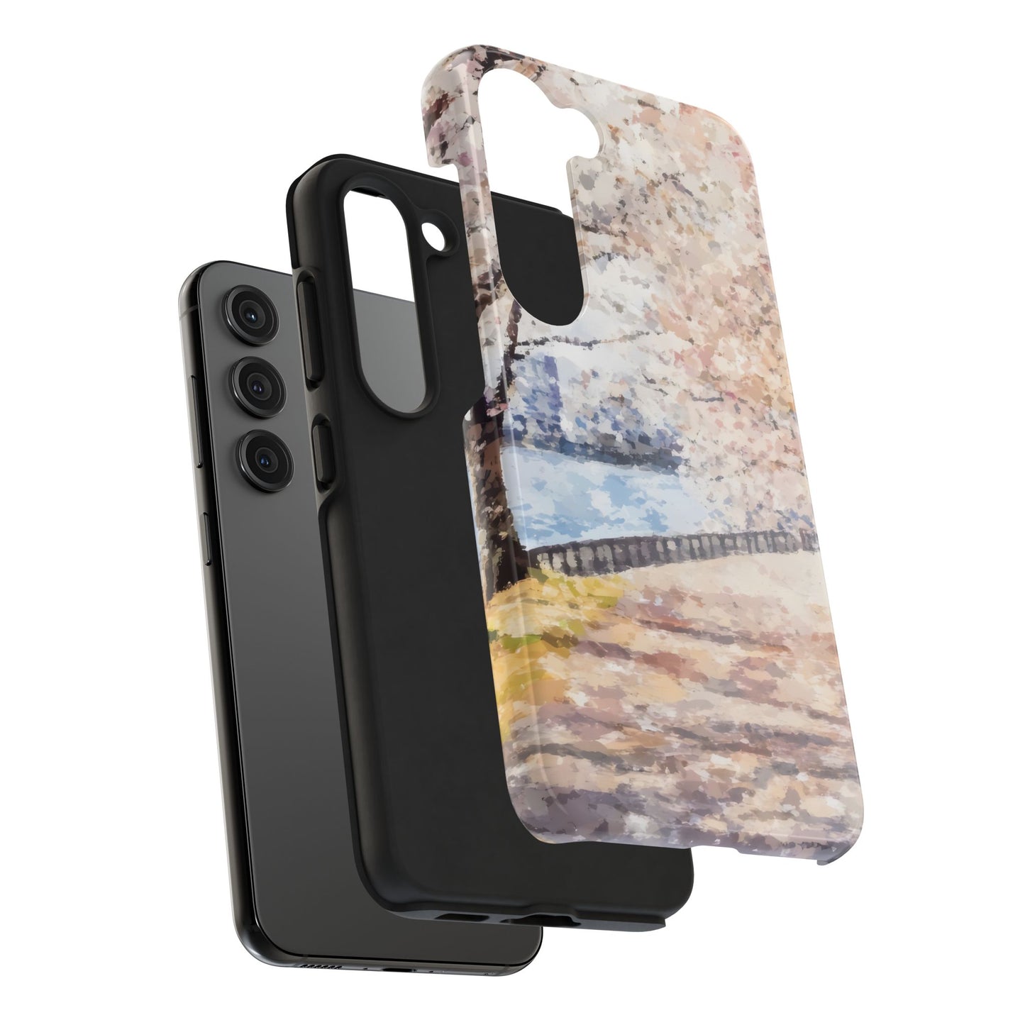 Samsung phone with artistic nature-themed protective case featuring soft pastel colors