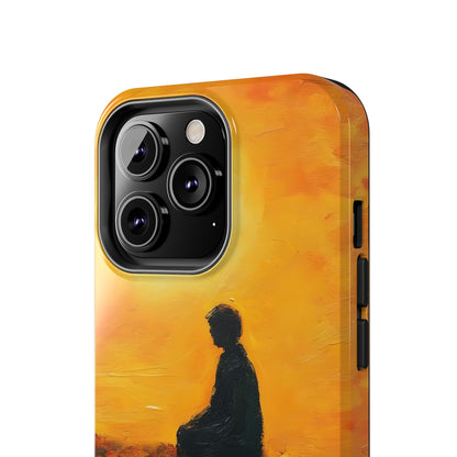 Phone case with silhouette of a meditating person against a vibrant yellow-orange background