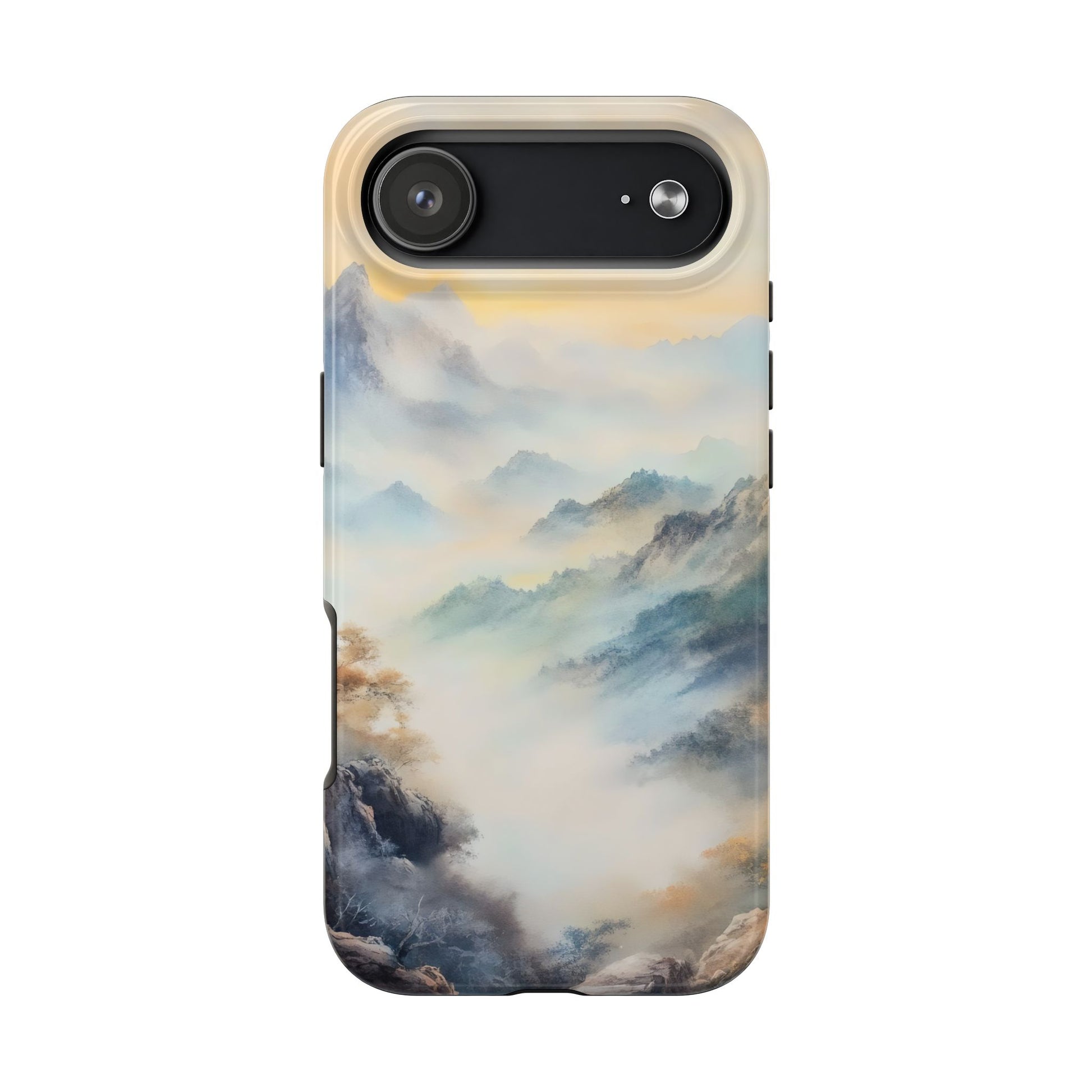 Phone case with misty mountain landscape and serene pastel colors, spiritual decor