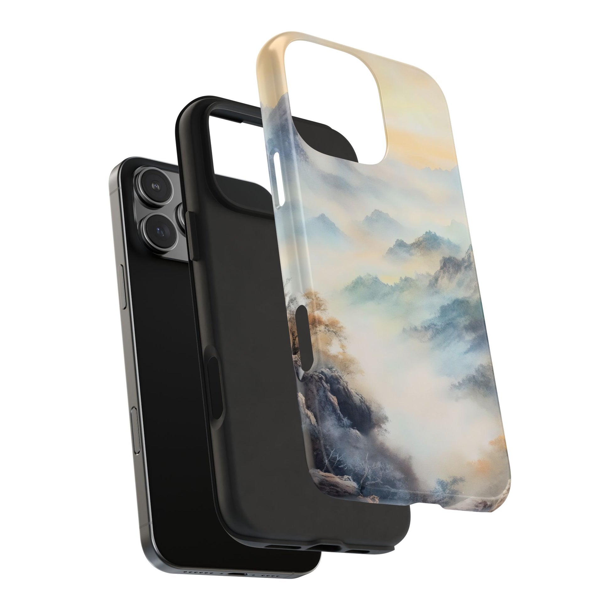 Christian themed phone case with serene mountain landscape art in soft pastel colors