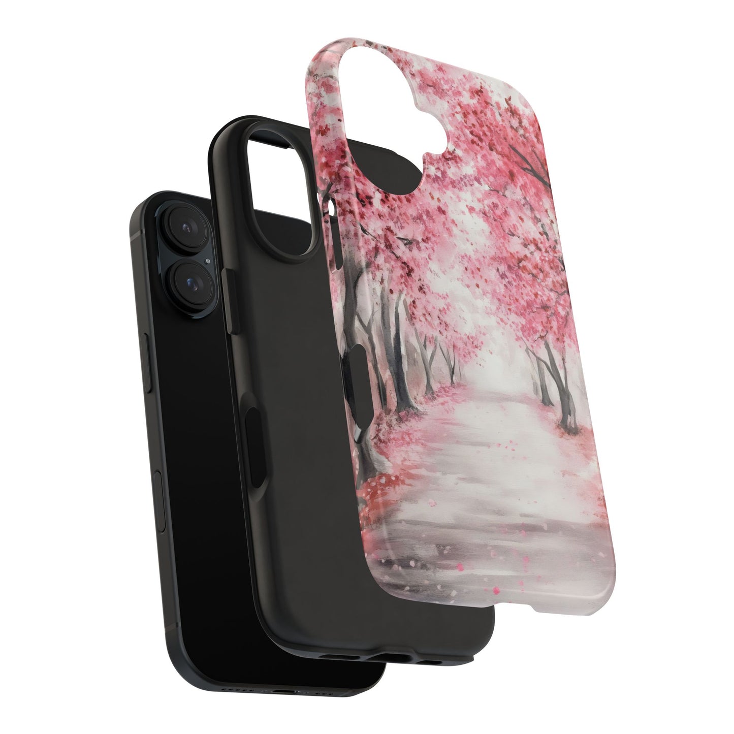 Decorative phone case with a pink cherry blossom path design, shown on a black smartphone
