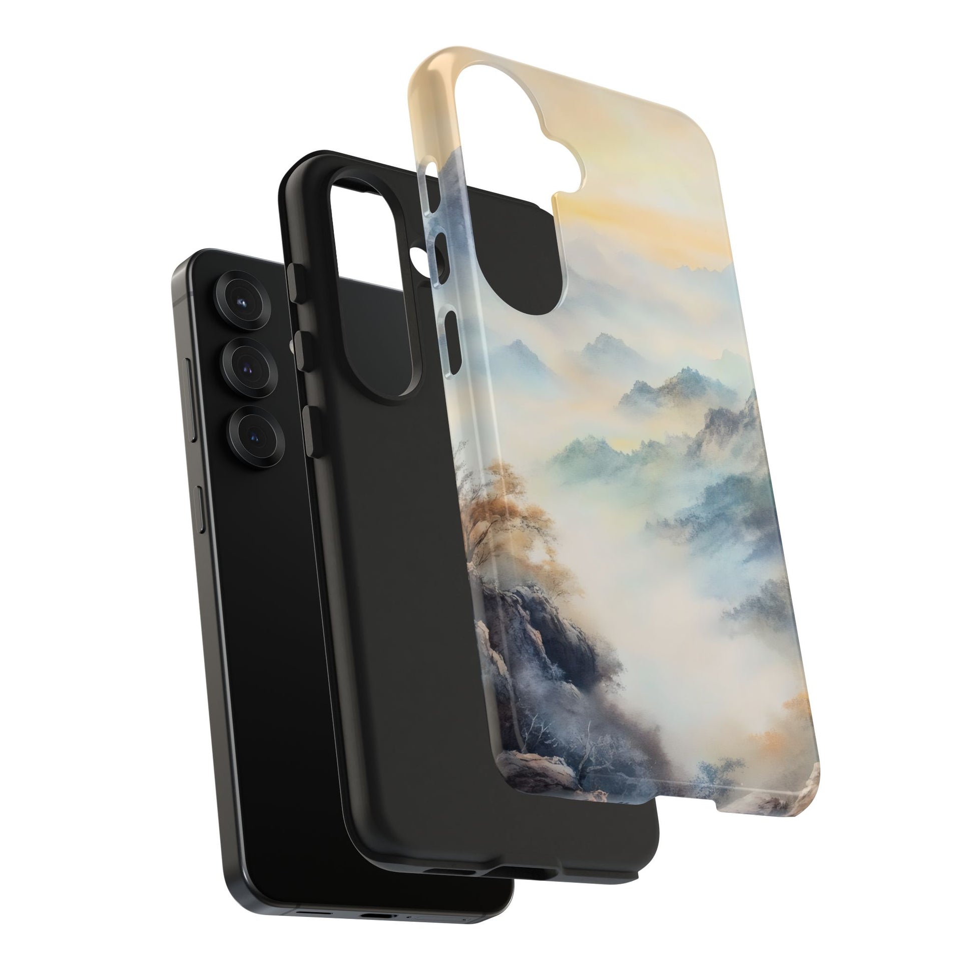 Phone case with serene mountain landscape art in soft pastel colors, Christian home decor accessory