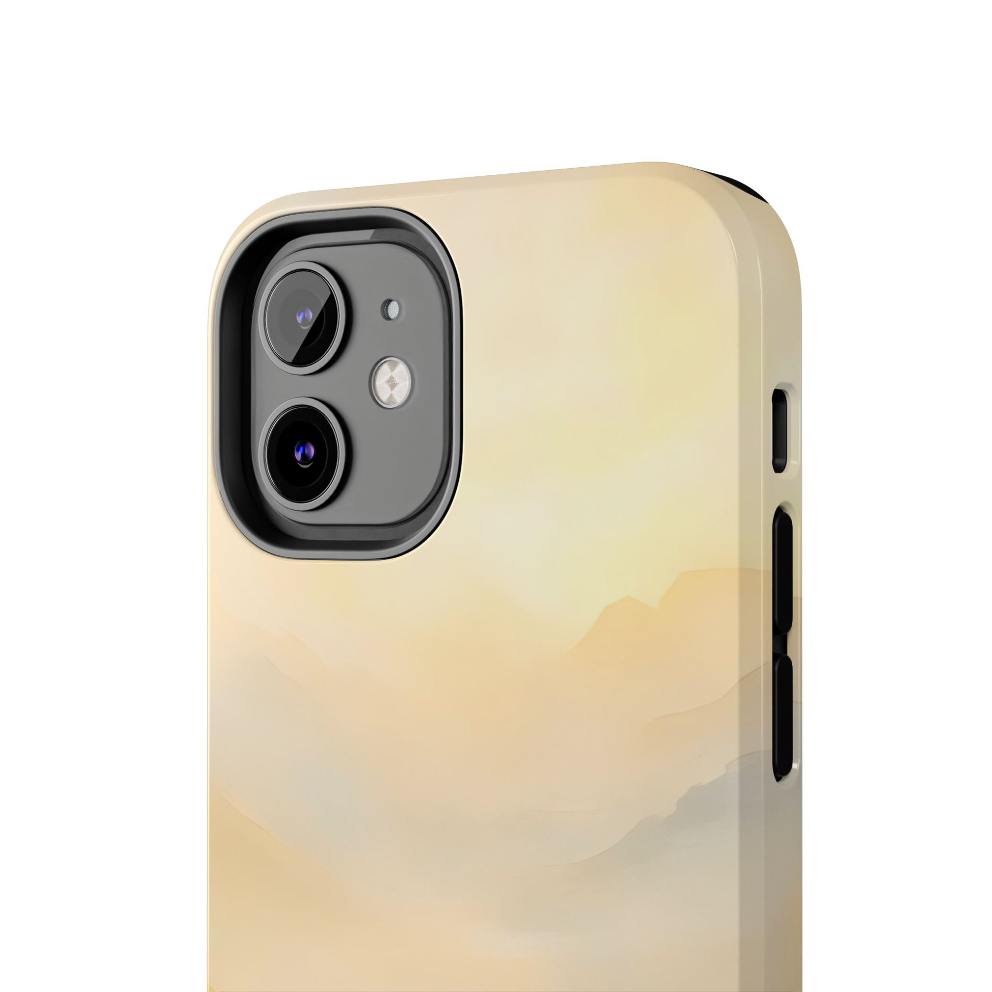 Minimalist phone case with soft pastel mountain landscape and serene gradient background
