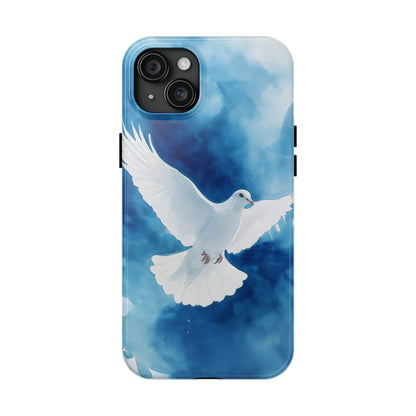 Phone case with white dove illustration on blue watercolor background, Christian art design