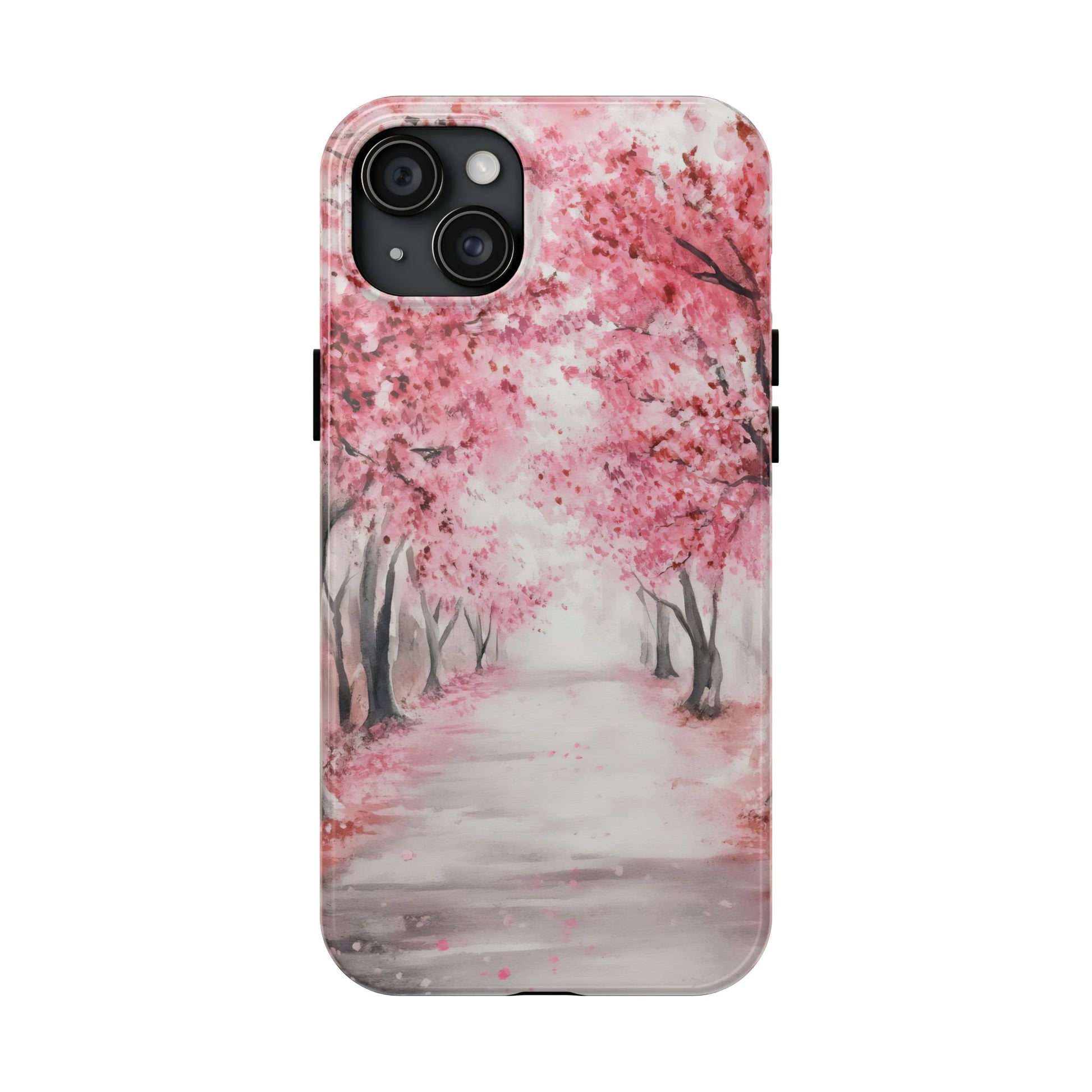 iPhone case with watercolor pink cherry blossom trees and peaceful path, faith-inspired art