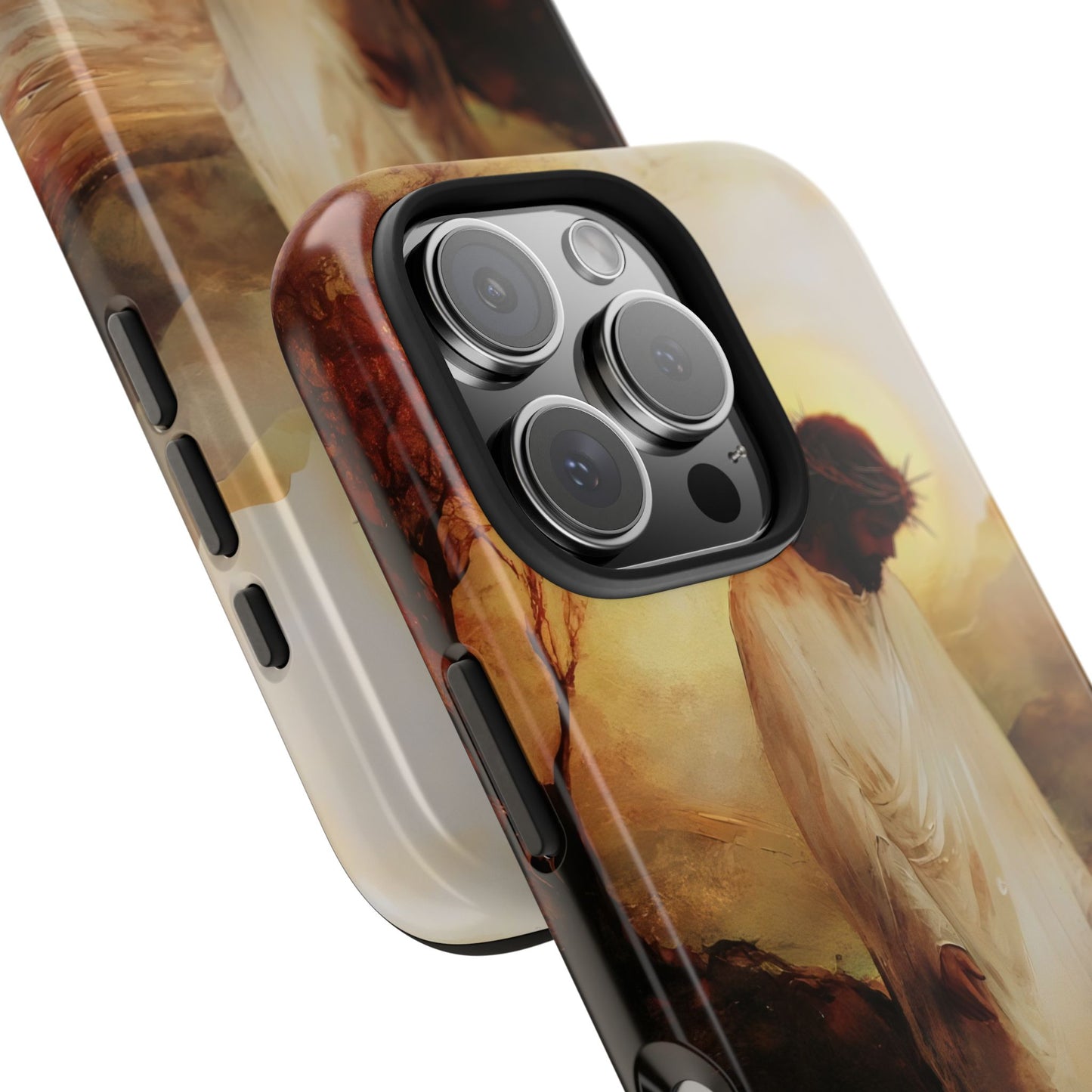 Phone case featuring artistic depiction of Jesus with crown of thorns in warm, spiritual tones