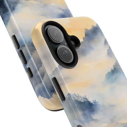 Phone case with serene watercolor landscape in blue and beige hues, mountains and trees.