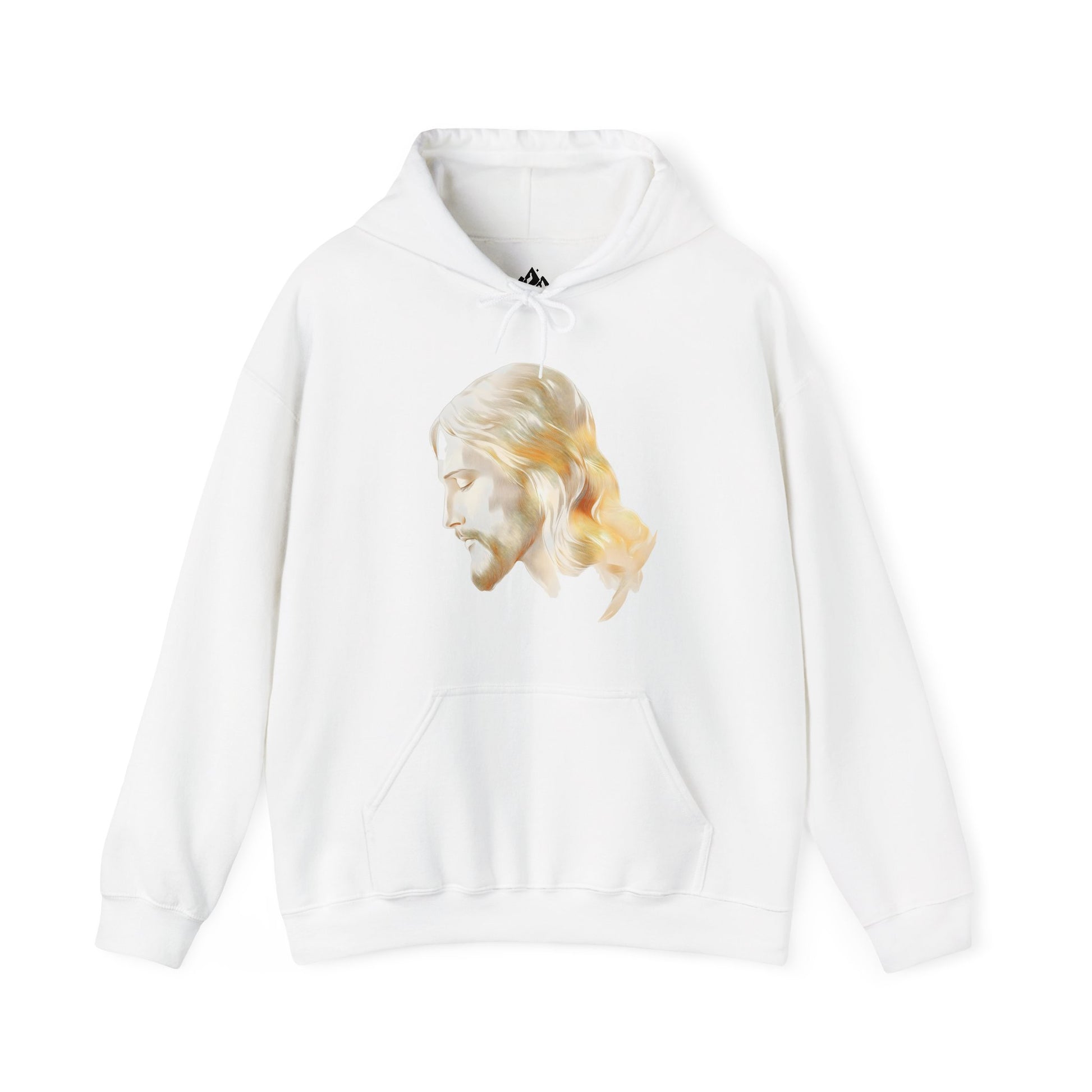 White hoodie with artistic profile illustration of Jesus on the front, faith-inspired apparel
