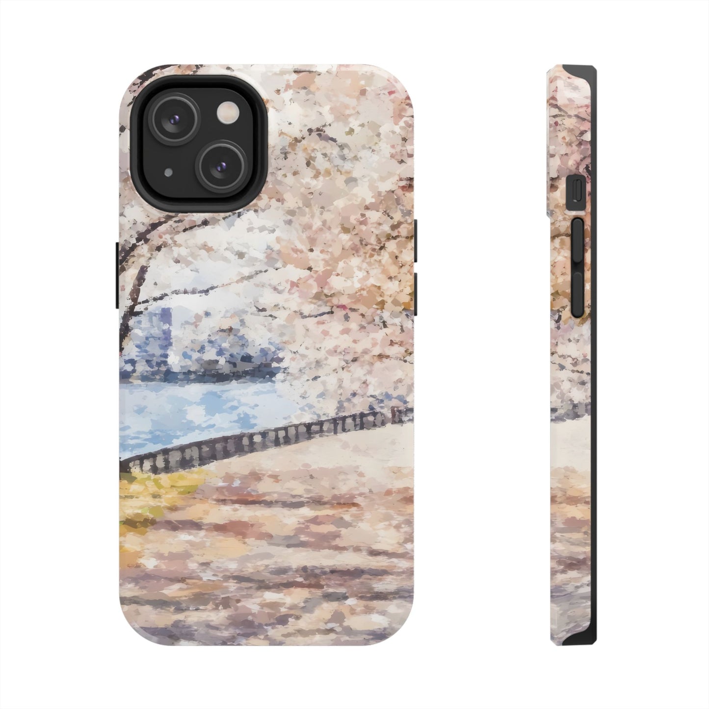 Phone case with pastel watercolor cherry blossom and river landscape design