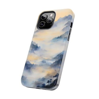 Phone case with serene watercolor mountain landscape and misty sunrise design