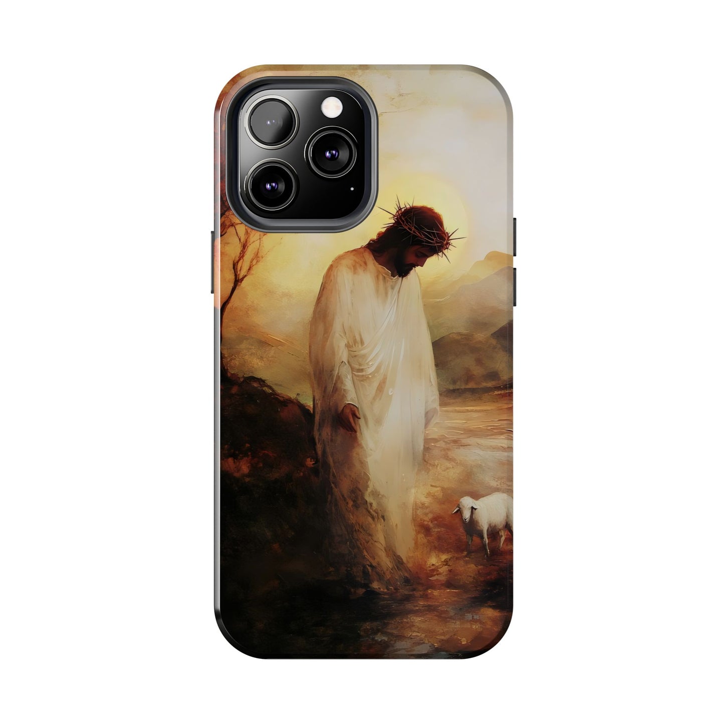 Christian phone case with Jesus in white robe and crown of thorns beside a lamb in a serene landscape