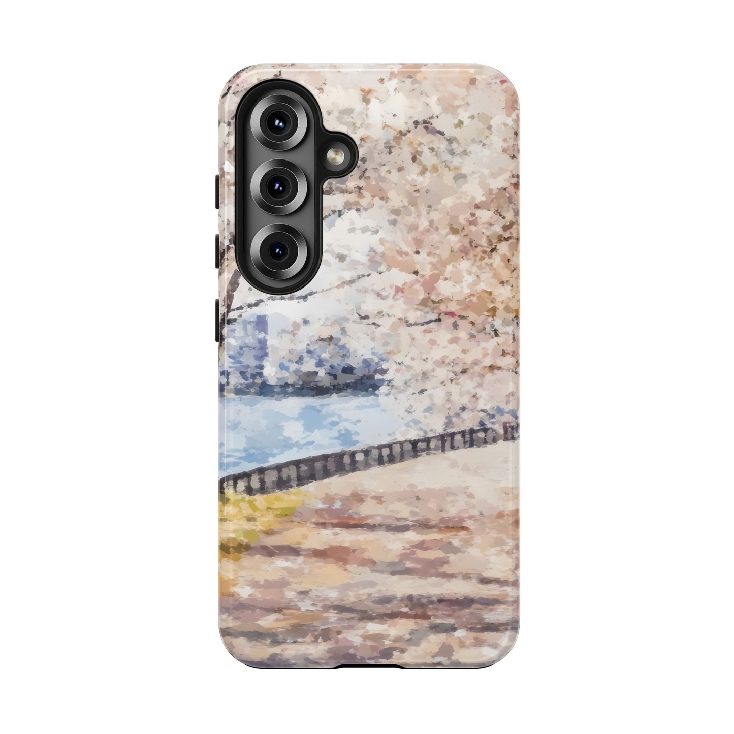 Impressionist phone case with pastel walkway, water, and blooming tree design