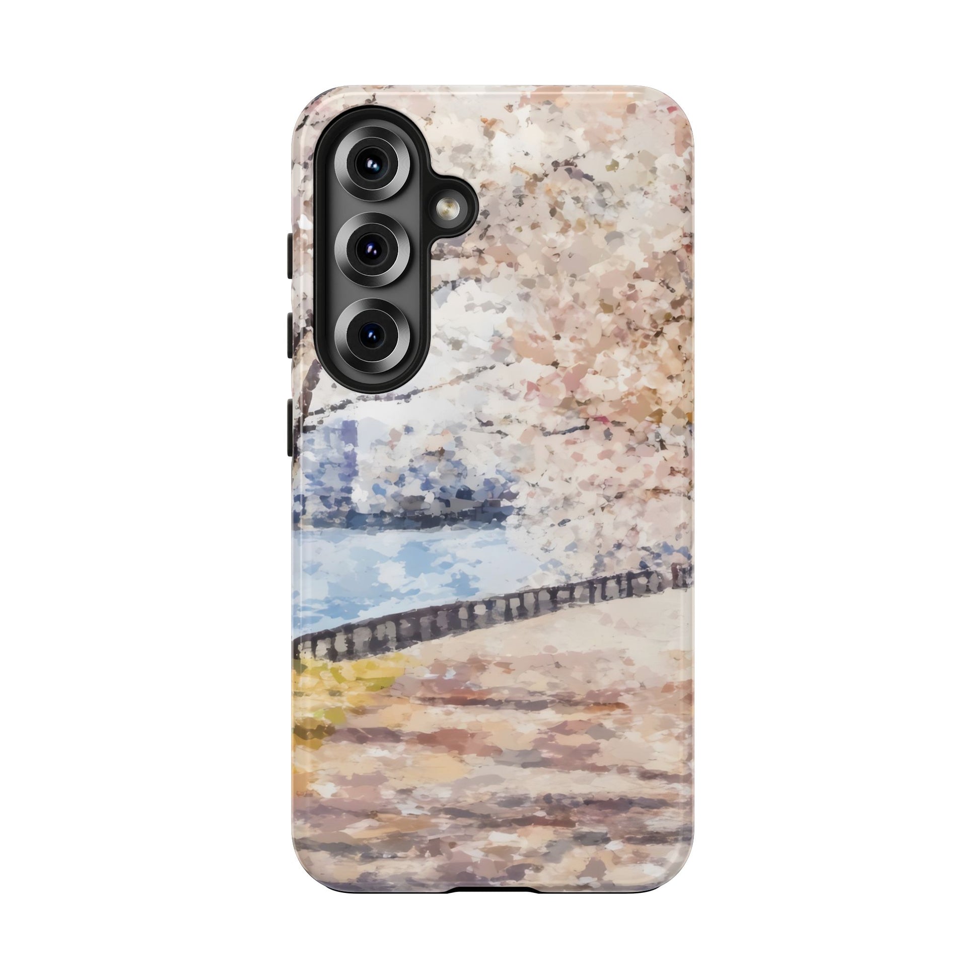Impressionist phone case with pastel walkway, water, and blooming tree design
