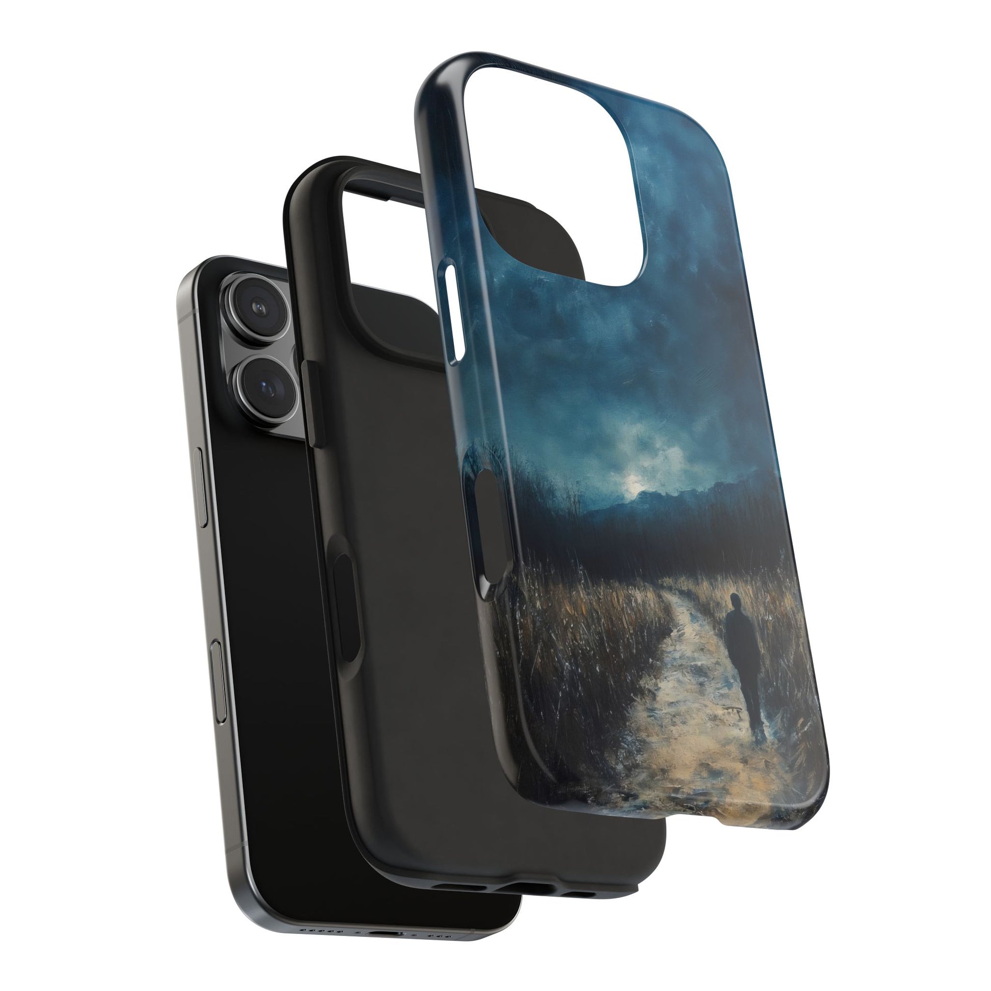 Phone case with contemplative landscape art, featuring a solitary figure on a path under a moody sky