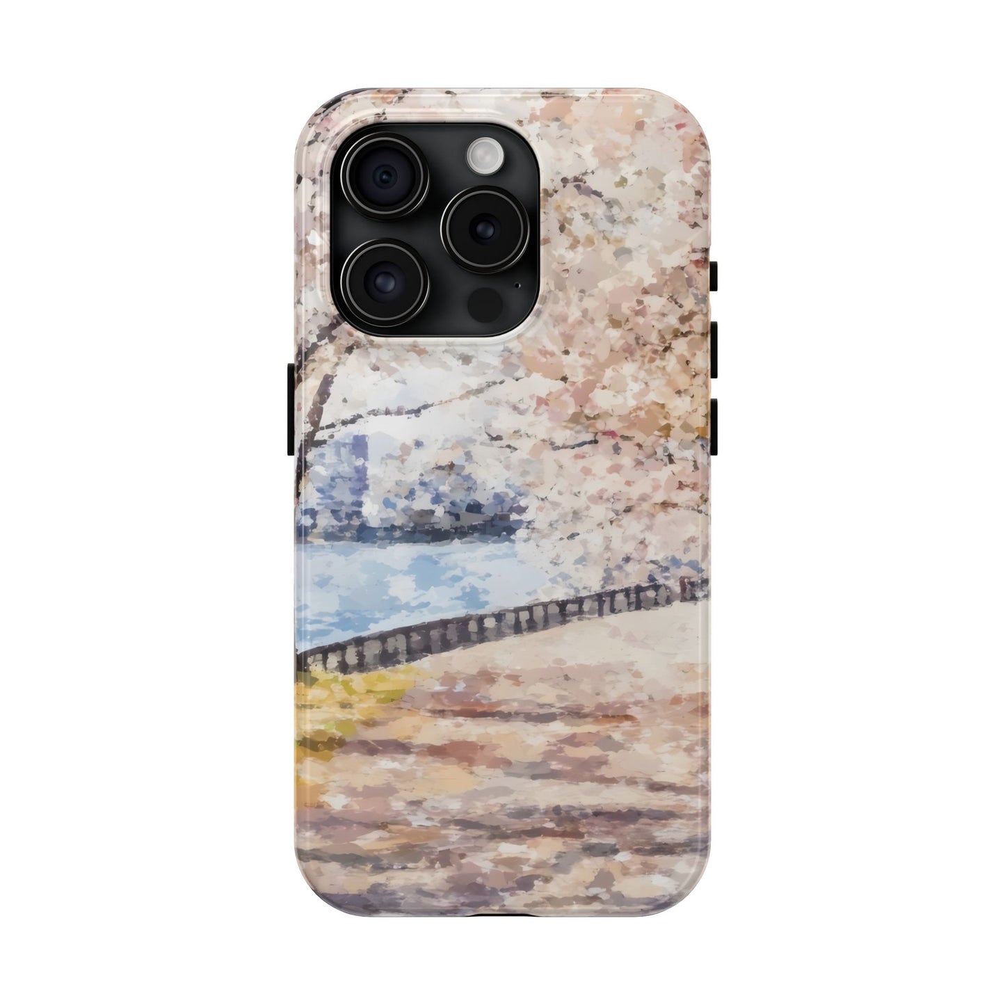 Abstract cherry blossom tree and tranquil path by water on protective phone case