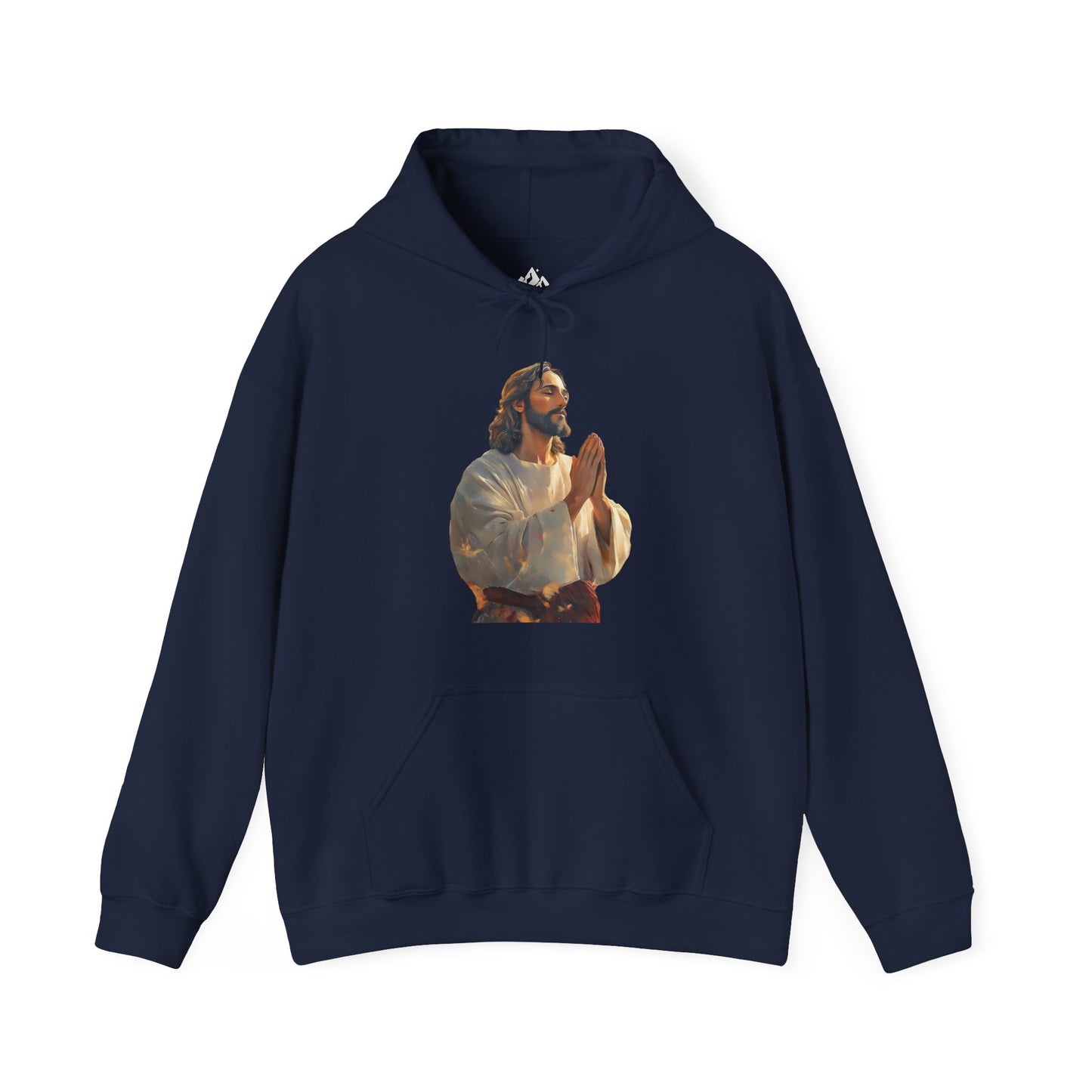 Navy blue hoodie featuring praying Jesus graphic, Christian faith-inspired apparel