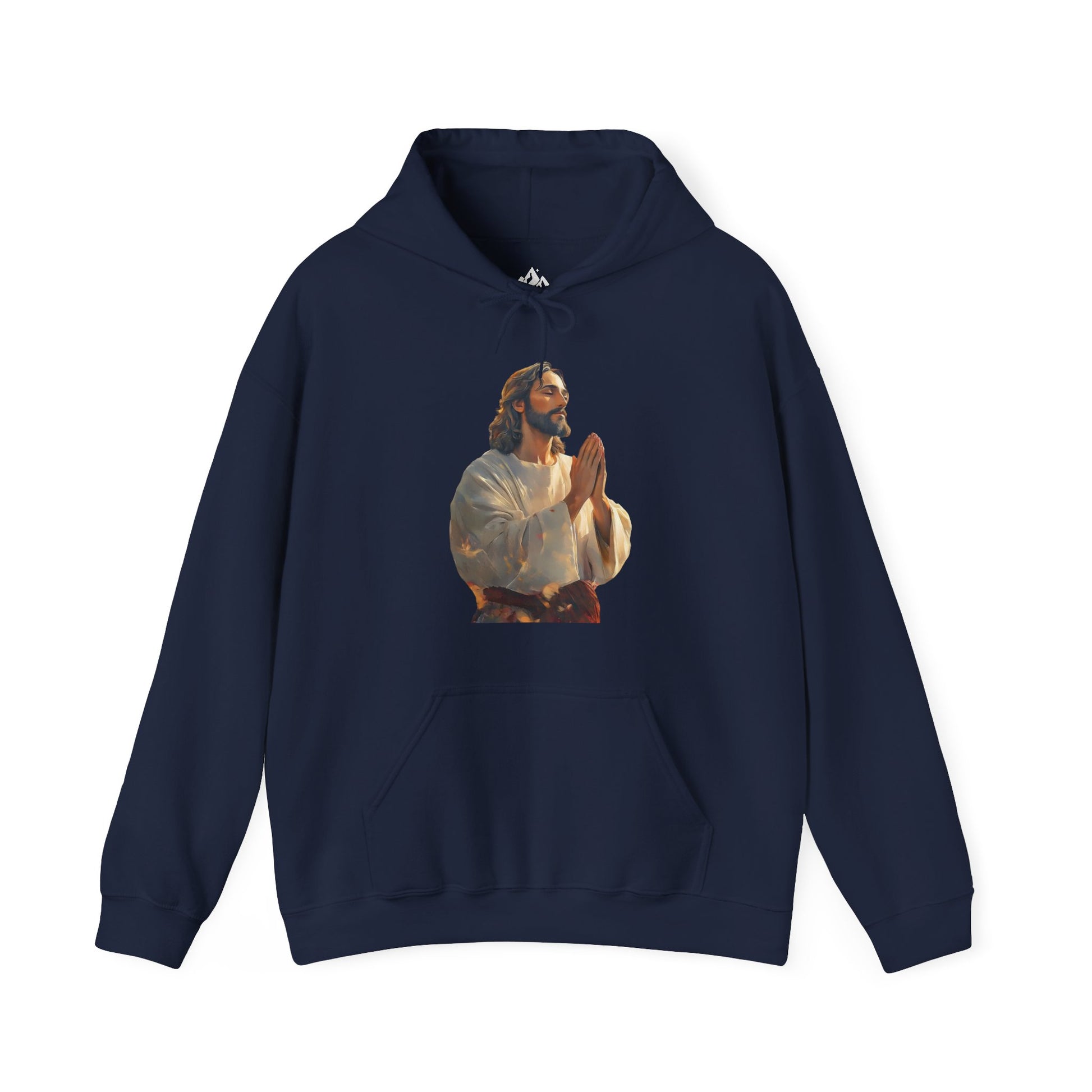 Navy blue hoodie featuring praying Jesus graphic, Christian faith-inspired apparel