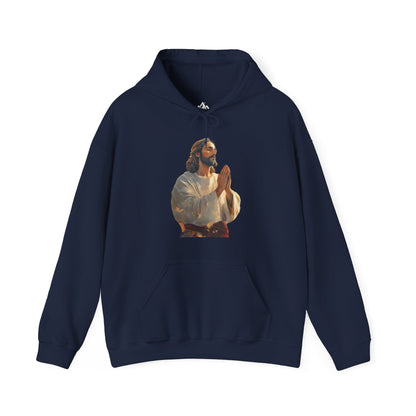 Navy blue hoodie featuring praying Jesus graphic, Christian faith-inspired apparel